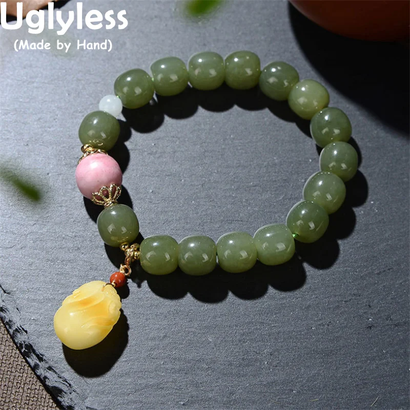 

Uglyless Nature Gemstones Beading Nephrite Bracelets for Women Elastic Rope Pink Shell Bracelet Beeswax Amber Jewelry 925 Silver