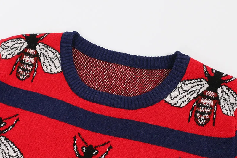 

2021 New Spring Bees Pattern Designer Sweater for Women Long Sleeve Striped Patchwork Vintage Pullover Sweaters Jumper Top