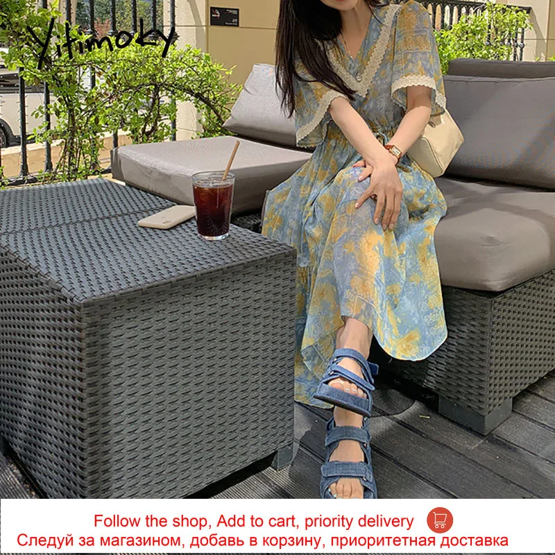 

Yitimoky Vintage Woman Dress V-Neck Short Sleeve 2021 Summer Fashion New Lace Spliced Print Graphic Elegant Shirring Dresses