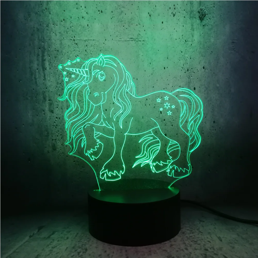 3D светодиодный светильник ночник длинные волосы единорог лошадь RGB лампа
