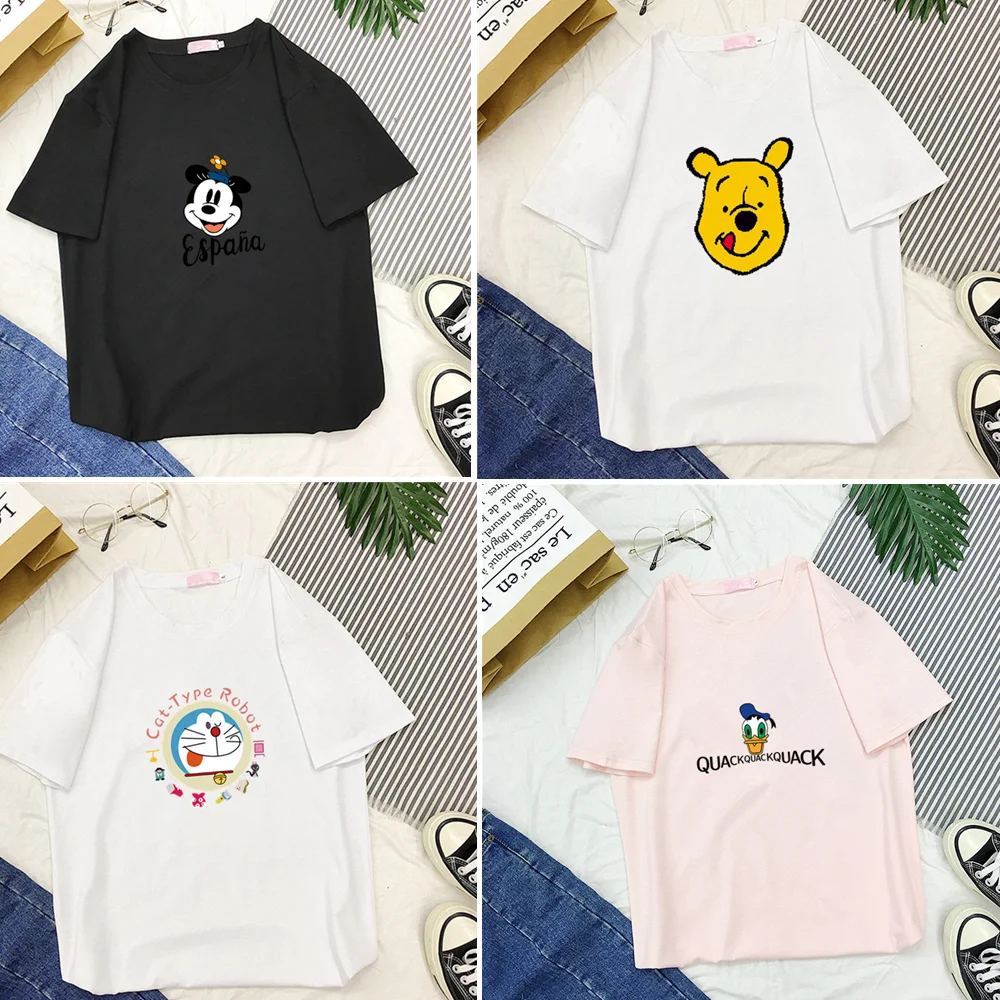 Летние женские футболки Дисней Пух медведь Дораэмон Микки Маус мультфильм Топы
