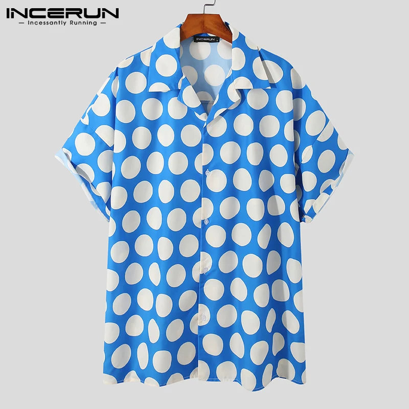 

Fashion Men Shirt Polka Dot Print Lapel Short Sleeve Streetwear Casual Hawaiian Shirts Button 2021 Loose Camisas Summer INCERUN