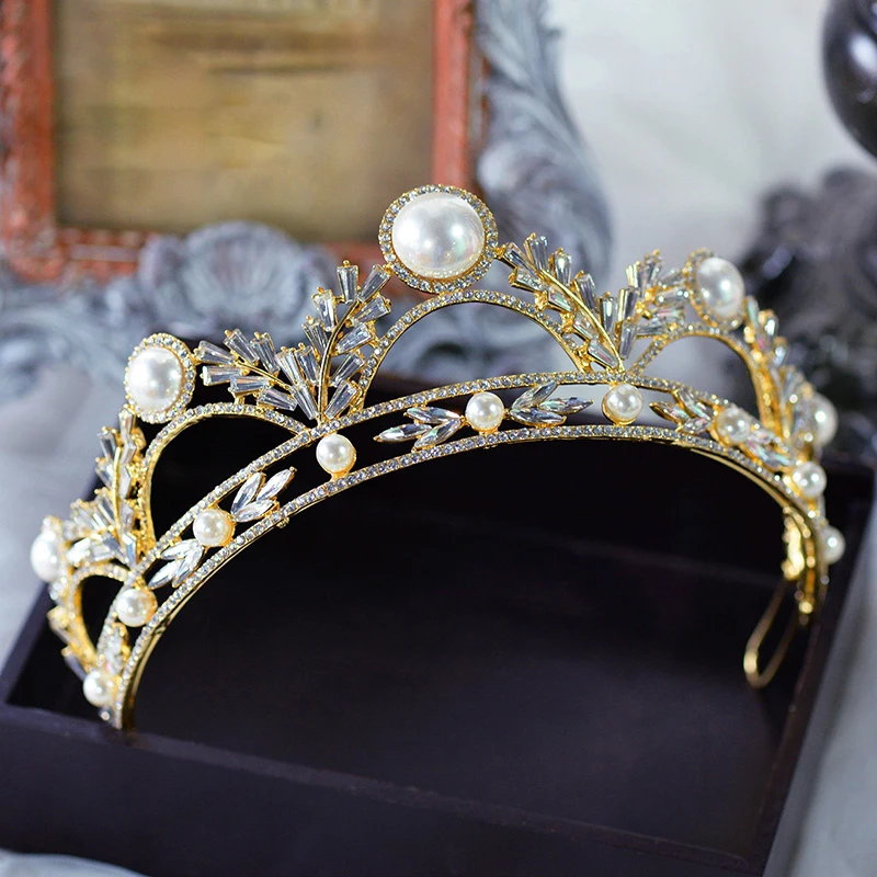 

Gorgeous Gold Pearls Bridal Crowns Tiara Bride Headband Diadem Queen Headpieces Wedding Hair Accessories