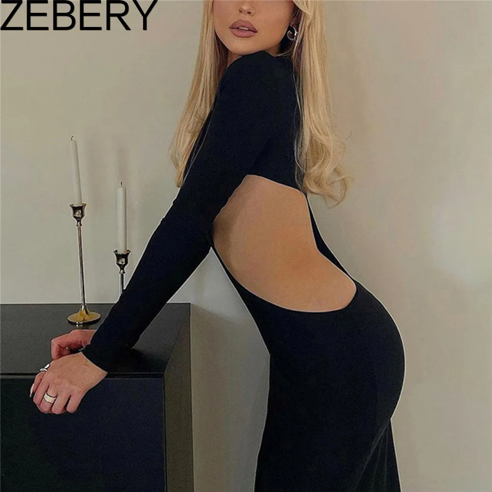 

ZEBERY Sexy Black Cut Out Round Neck Long Dress Women Elegant Long Sleeve Club Party 2021 Autumn Dresses Skinny Clothes