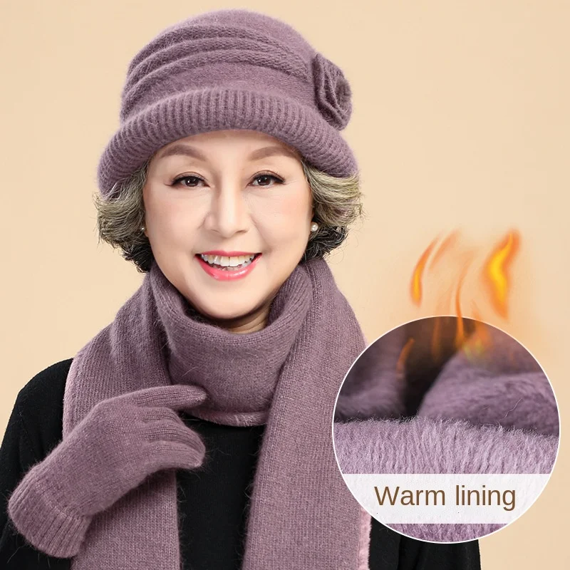

Женский шарф, зимний комплект из шапки и шарфа для пожилых женщин, теплый шерстяной вязаный шарф с бархатной подкладкой для мам среднего воз...
