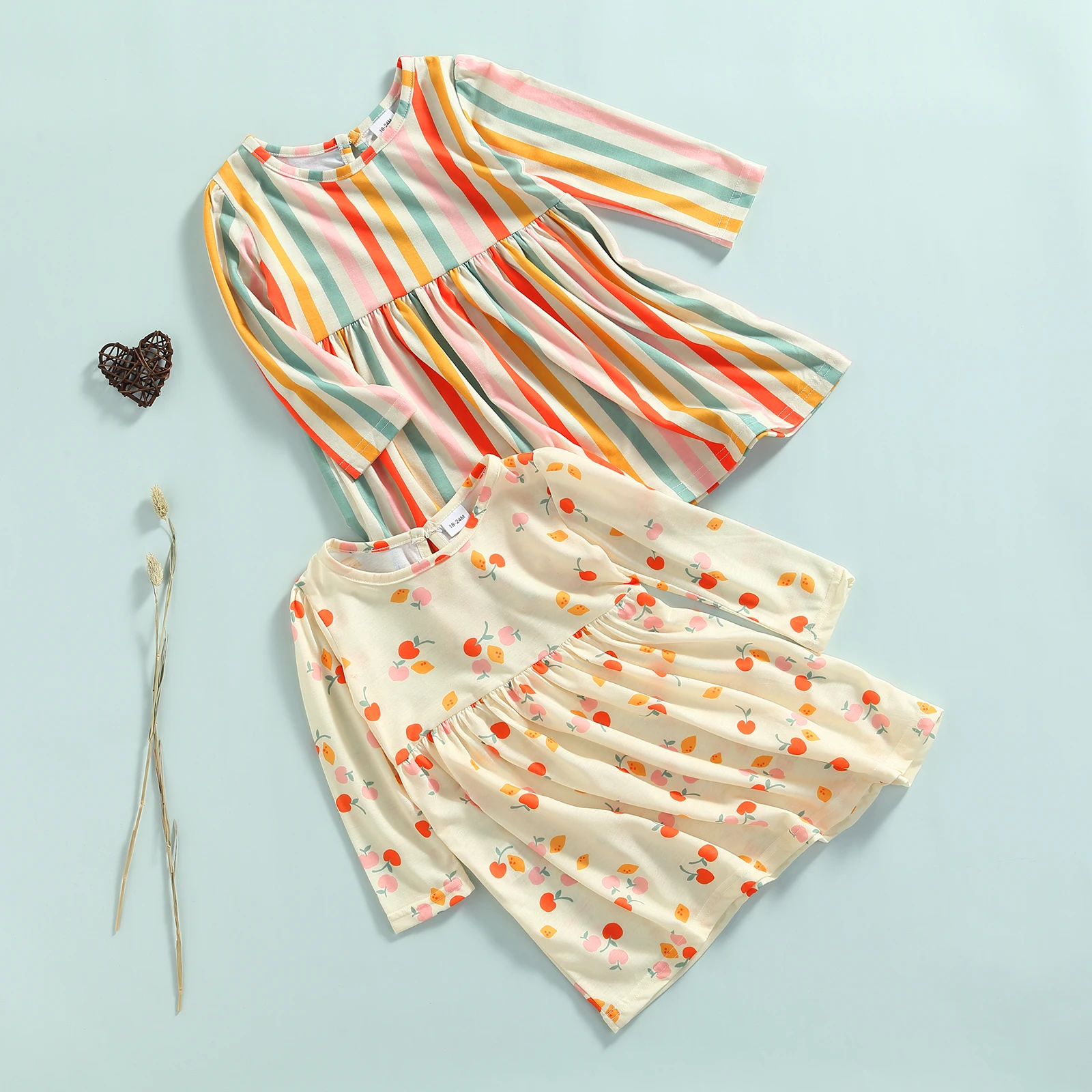 

2021 0-6Y Sweet Toddler Girls Dress Spring Fall New Cherry/Striped Print Long Sleeve O Neck A-line Dress Casual Clothes