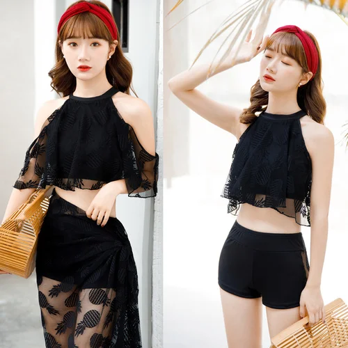 

Bikini Set Women Temperament Solid Lace Sexy Pink Female Split Swimsuit Summer Elegant Off Shoulder Lady Bathing Suit Beachwear