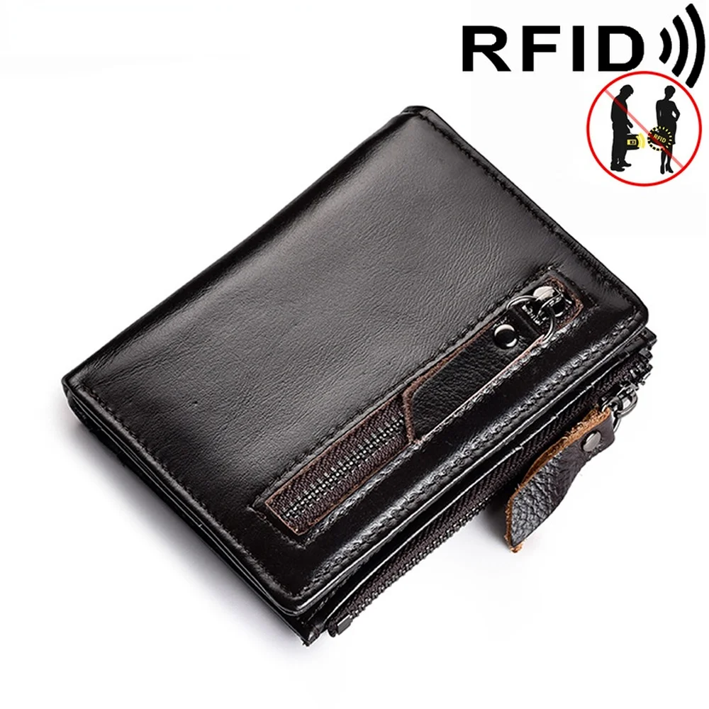 

Мужской кошелек в стиле ретро на молнии с защитой от магнитного слоя головы из псориаза и вощеной кожи