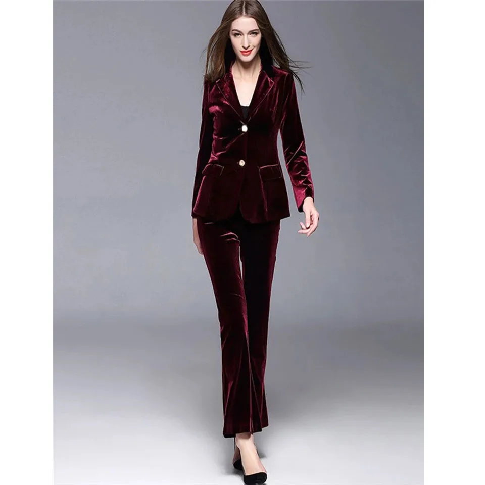 Бархатные женские костюмы бордового цвета пиджак + брюки Деловые брючные Офисная