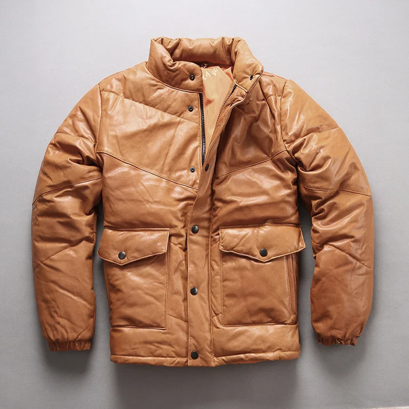 

Пуховик AVFLY мужской из натуральной козьей кожи, короткий толстый кожаный пуховик с воротником-стойкой для солярия овощей, желто-зеленый