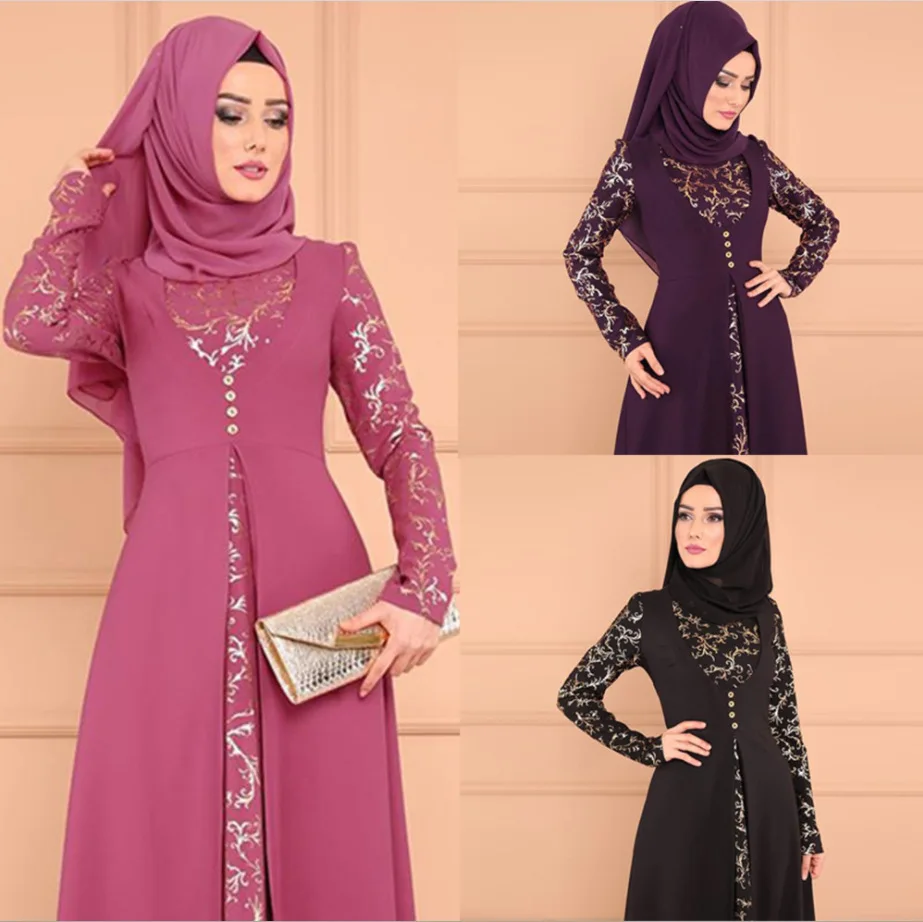 

2021 New Stitching Style Wear Printing Autumn Long Sleeve Dress Female Muslim Women Clothing Dress Women Islamic Clothing Abaya