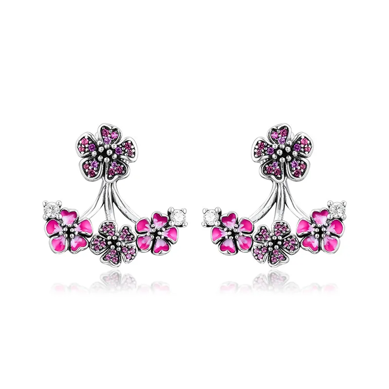 

925 Sterling Silver Earrings Jewelry Peach Blossom Flowers Stud Earrings for Women Pink Color Crystal Earrings Girl Jewellery