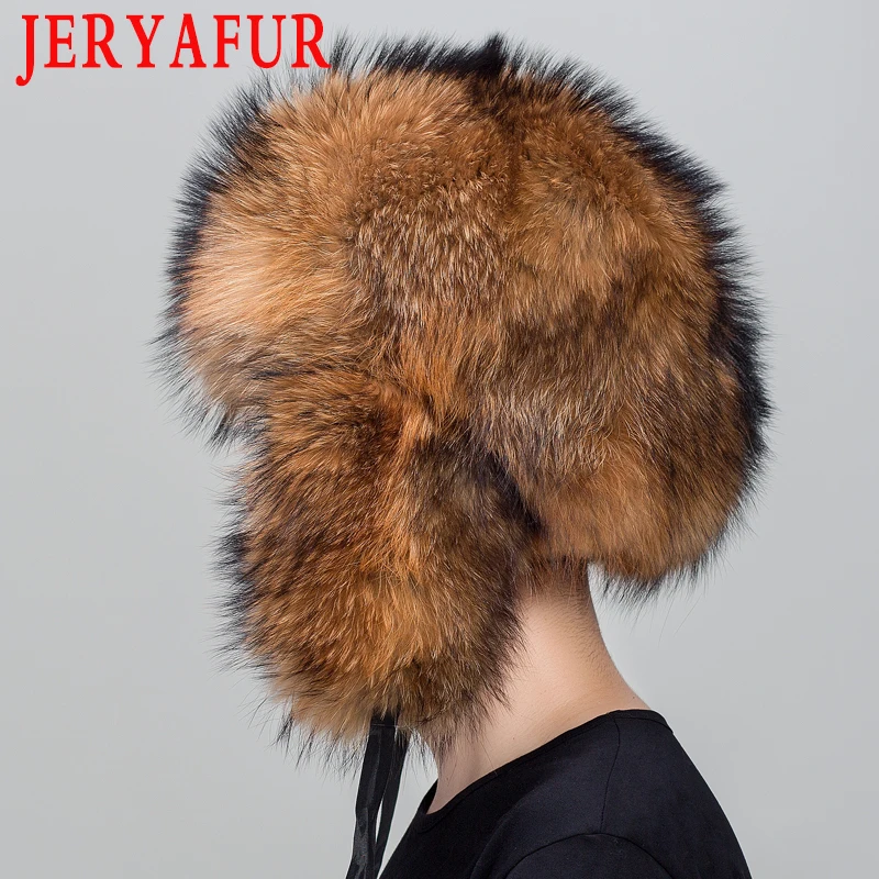 

JERYAFUR Genuine Fox Fur Hats For Men Real Raccoon Fur Lei Feng Caps Russian Winter Men Ear Hats For Women hat