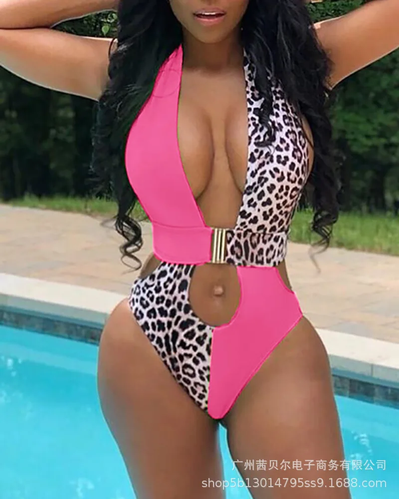 

2021 summer new women's sexy backless printing stitching solid color one-piece swimsuit