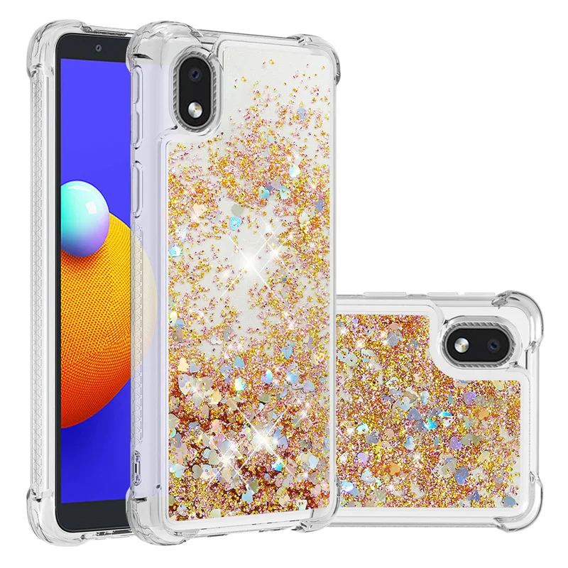 

Quicksand Phone Case For Samsung Galaxy A01 Core Glitter Love Heart Sequins Dynamic Liquid Airbag Soft shockproof Back Cover