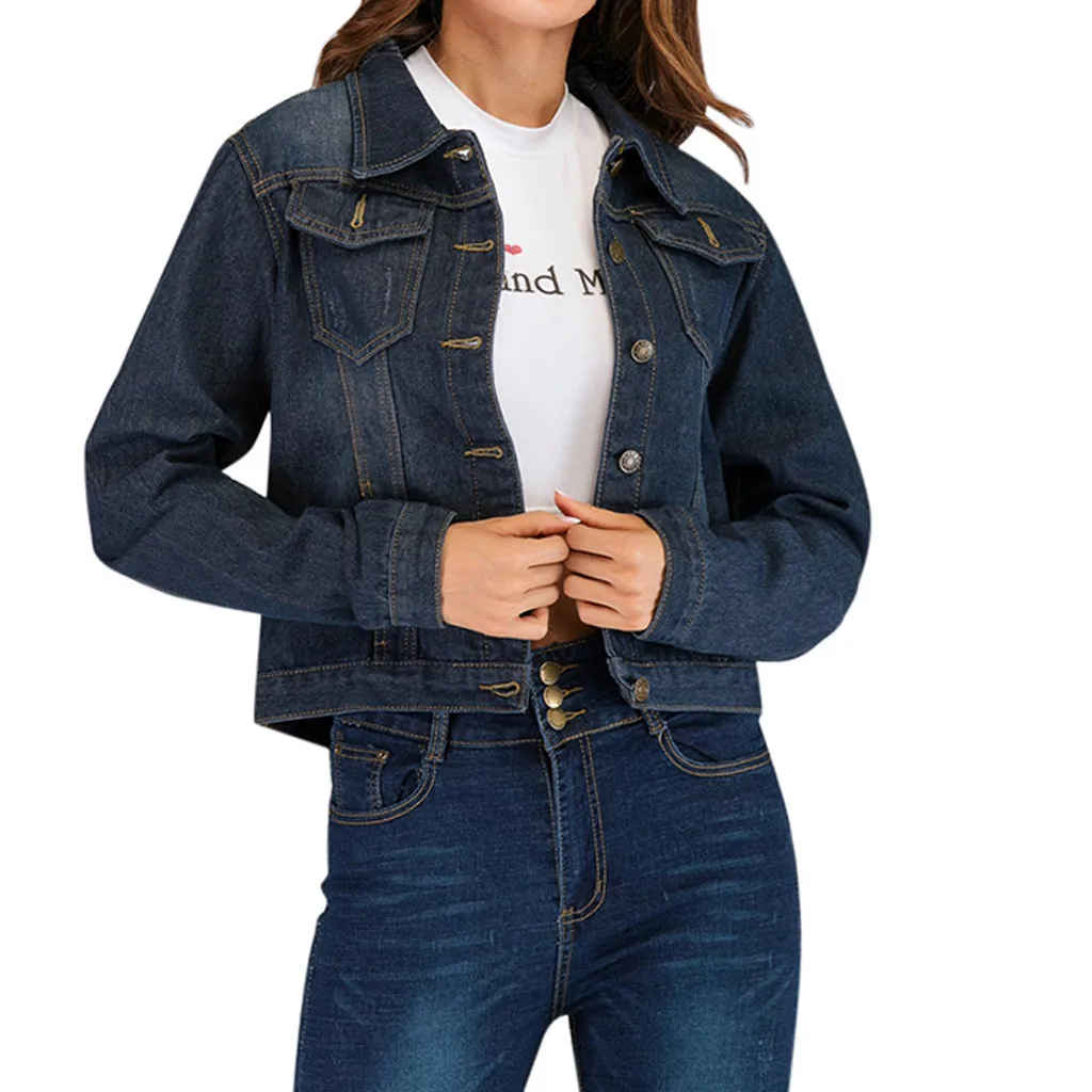 Женская короткая джинсовая куртка Повседневная Свободная с длинным рукавом и