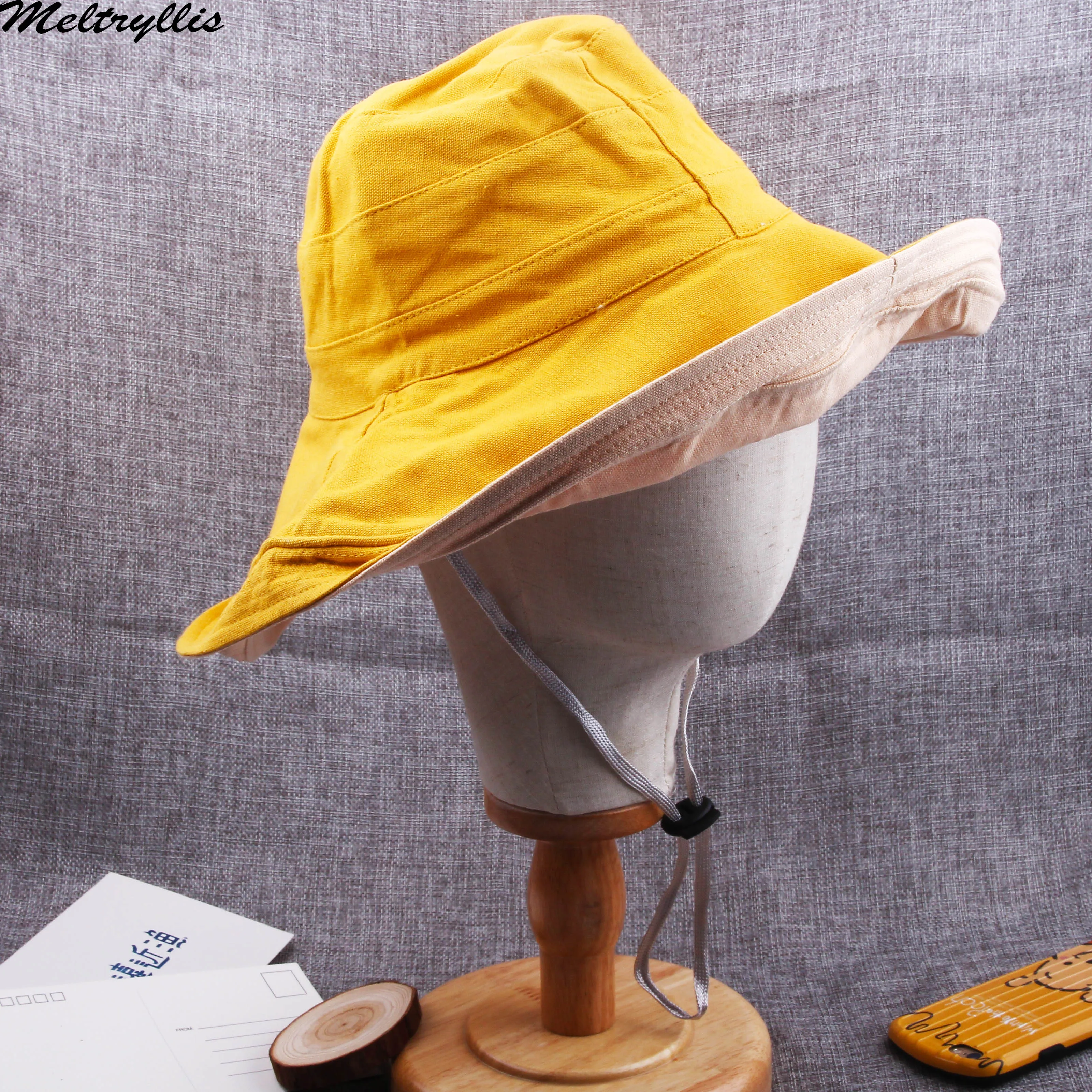 

[Meltryllis]Anti UV Wide Brim Cotton Linen Cap For Women Vacation Summer Foldable Bucket Hat Large Brim Korean Beach Sun Hat