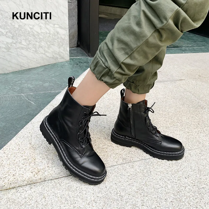 Black Plush KUNCITI/; женские ботильоны на шнуровке; обувь martin из натуральной кожи; ботинки-гладиаторы в стиле суперзвезды; Новинка; большие размеры 34-43; D937 - Цвет: Black Plush
