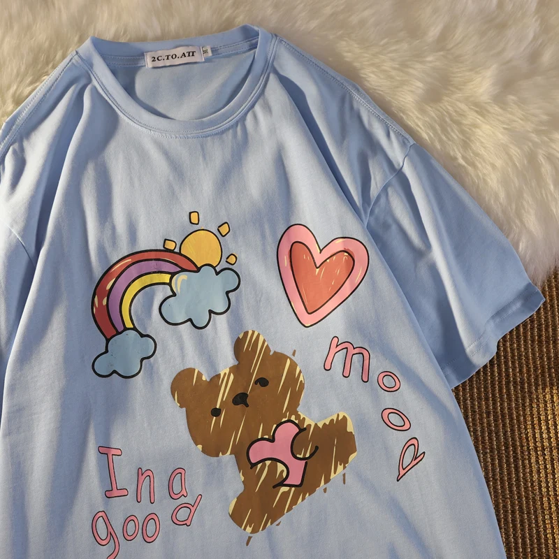 

2021 Summer Cartoon Cute Print T Shirt Short Sleeve Round Neck Soft Graphic Tee Shirt Kawaii Harajuku Vintage Woman Tshirts