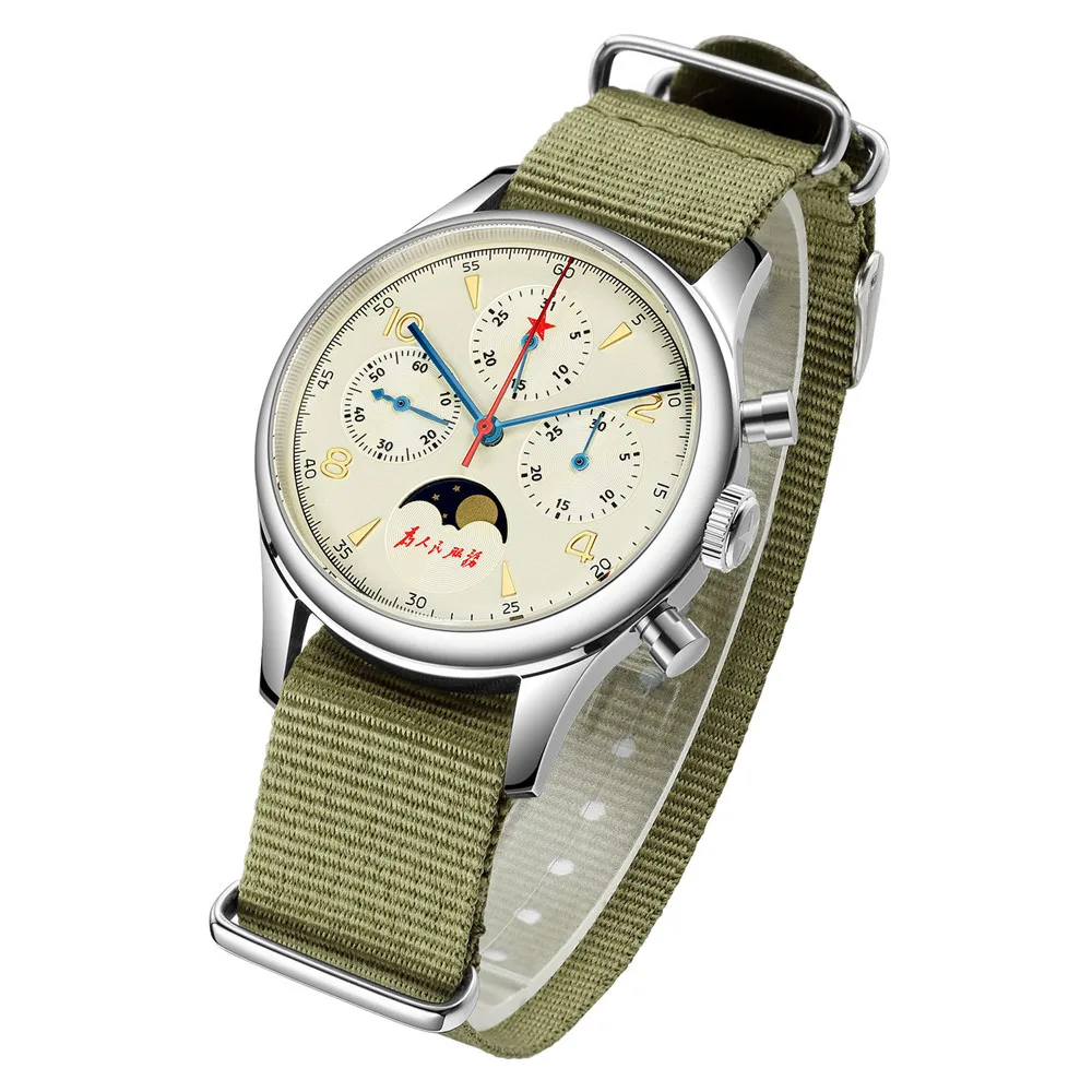 

SEAKOSS Calendar Chronograph Men 40mm Seagull 1963 Clock ST1908 Movt Hand Winding Moon Phase Male Pilot Mechanical Watches 2021