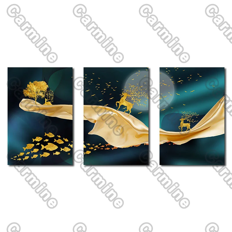 

Poster Golden Fishes Ribbon Birds Tree Canvas Painting and Prints Wall Art Pictures Decoration for Living Room 3Pcs Frameless