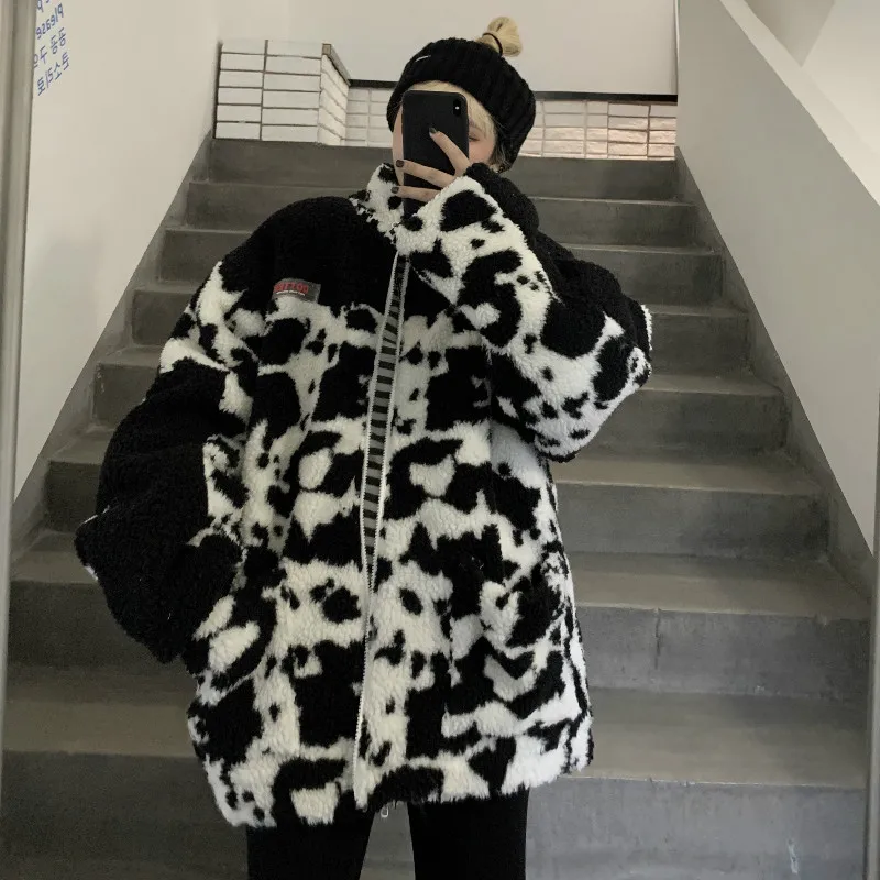 

GoneGoing 2020 зимняя женская обувь из плотной коровьей кожи принт стекаются кожаная куртка на молнии уличные свободные со стоячим воротником, дл...