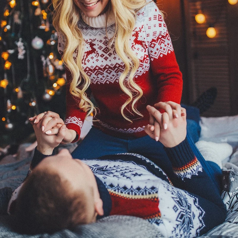 

Christmas Knit Sweater Women Men Couple Red Blue Turtleneck Knitwear Pullovers High Quality Chic Sweaters 2021 Winter Xmas Gift