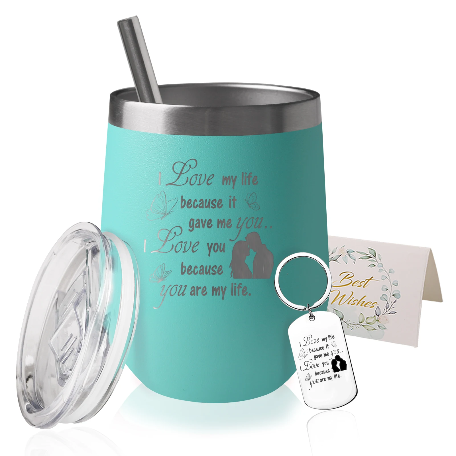 

Stainless Steel Stemless Wine Glass Wedding Gifts for Bride and Groom Wine Tumbler Cup with Lid and Reusable Straw 12 oz