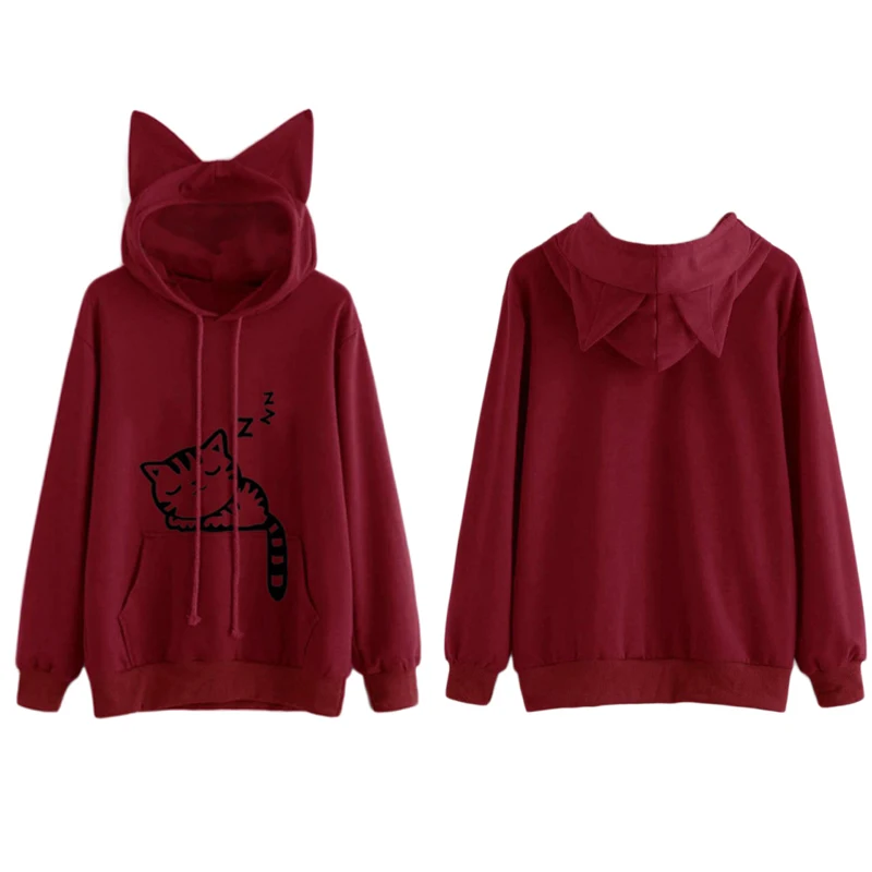 

Fashion Womens Cat Printed Long Sleeve Hoodies Pullovers Autumn Winter Cat Ear Hooded Sweatshirts Tops