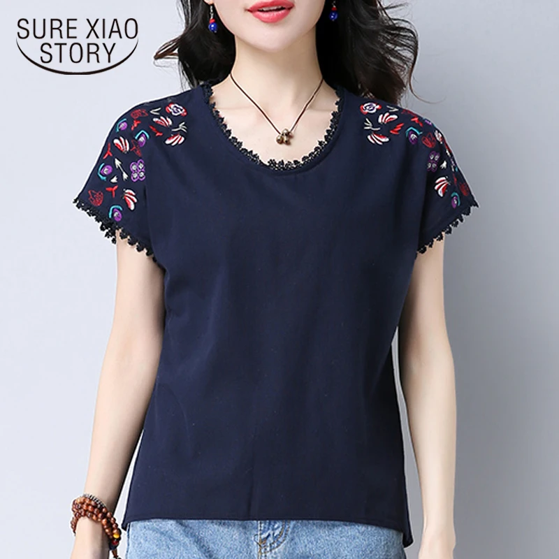 

New Summer Women Blouse Shirt Fashion Casual O-neck Female Ladies' Tops Floral Embroidery Solid Women's Clothing Blusas 0284