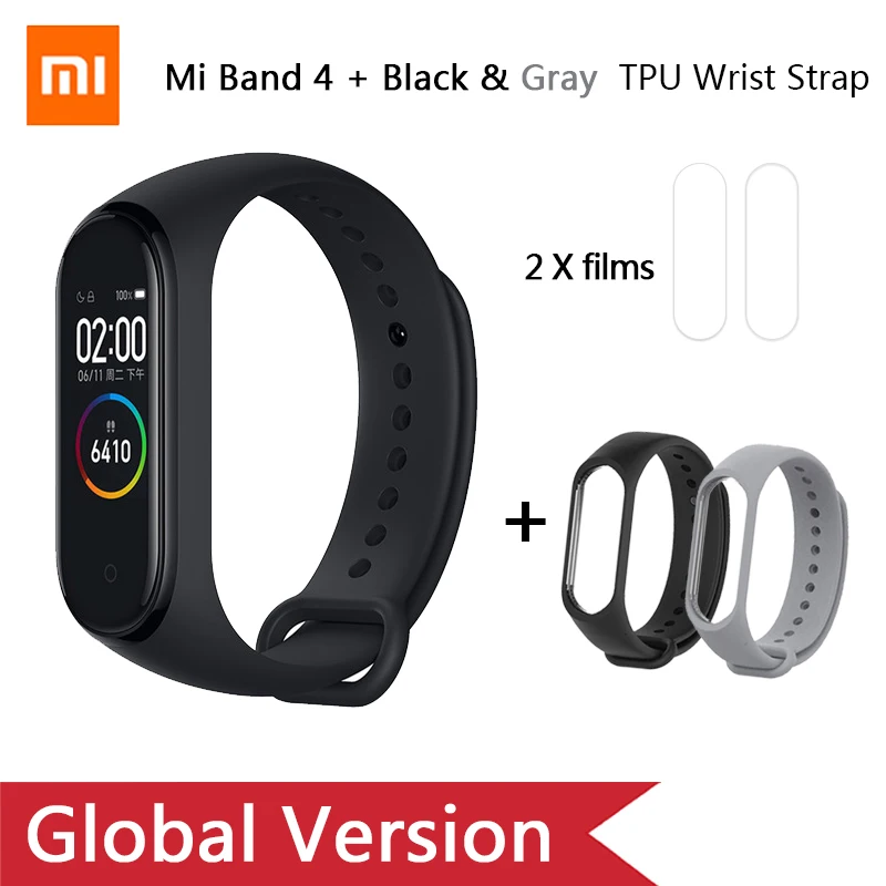 Ad Black grey strap Глобальная версия, Xiaomi mi-браслет 4 mi Band 4, музыкальный цветной экран, фитнес-частота сердечных сокращений, Bluetooth 5,0, умные часы, Russina - Цвет: Ad Black grey strap
