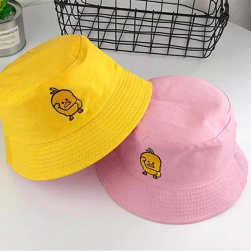 

Women Men Summer Yellow Duck Embroidered Bucket Hat Reversible Outdoor Sunscreen Packable Hip Hop Panama Fisherman Cap