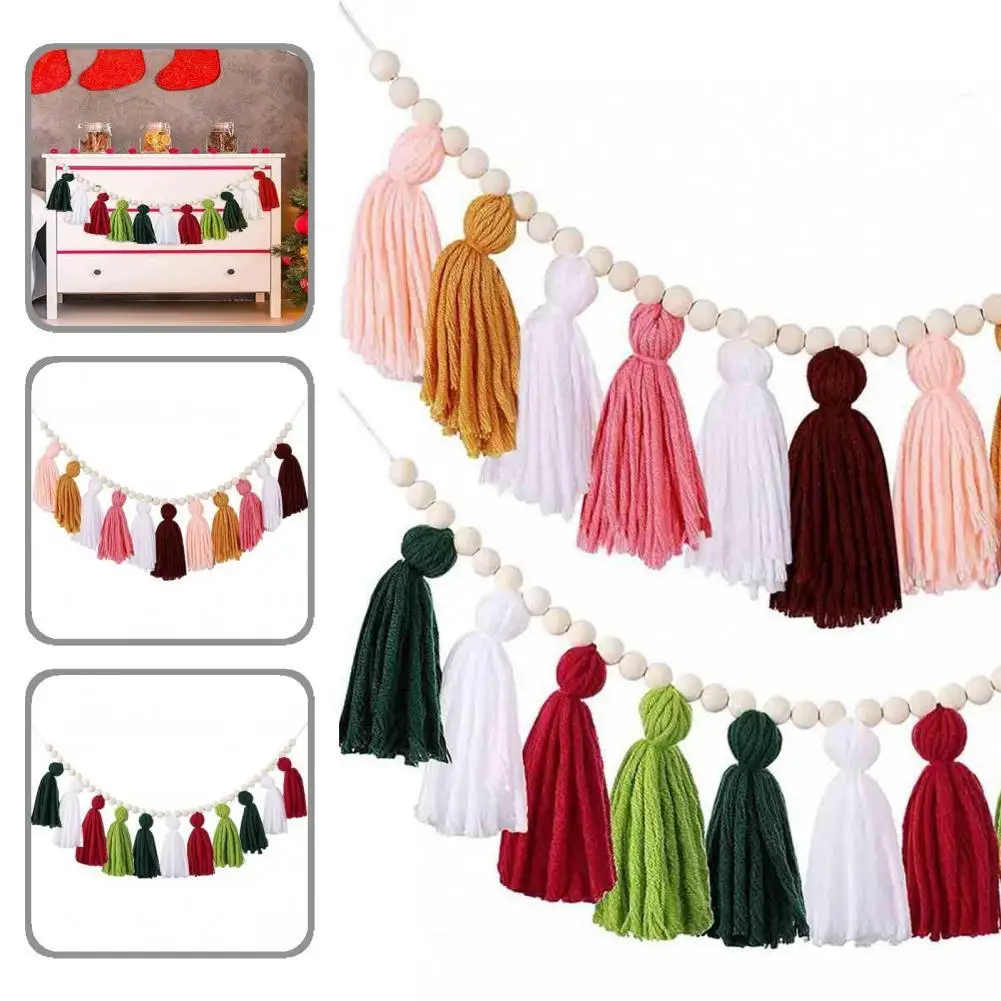 

Hanging Design Rustic Wooden Bead Garland with Tassels for Christmas