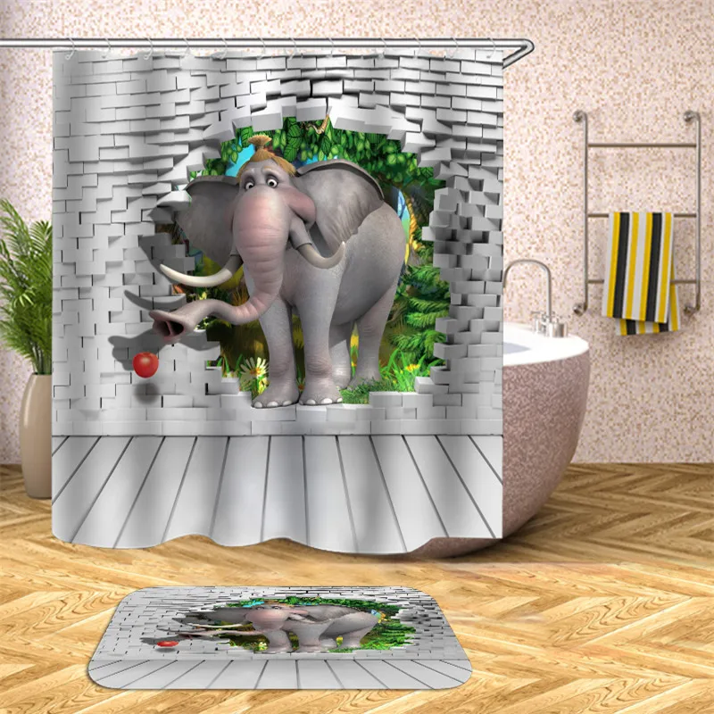 

Creative Polyester Shower Curtains Elephant Play With Water Home Decor Bathroom Curtain With Hanging Ring Bathtub Shelter Screen