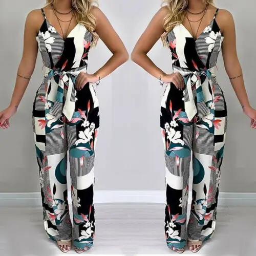 

Women's Sleeveless V-Neck Floral Print Jumpsuits Boho Style Bodysuit Wide Leg Loose Long Pants Casual Summer 2021 Fashion