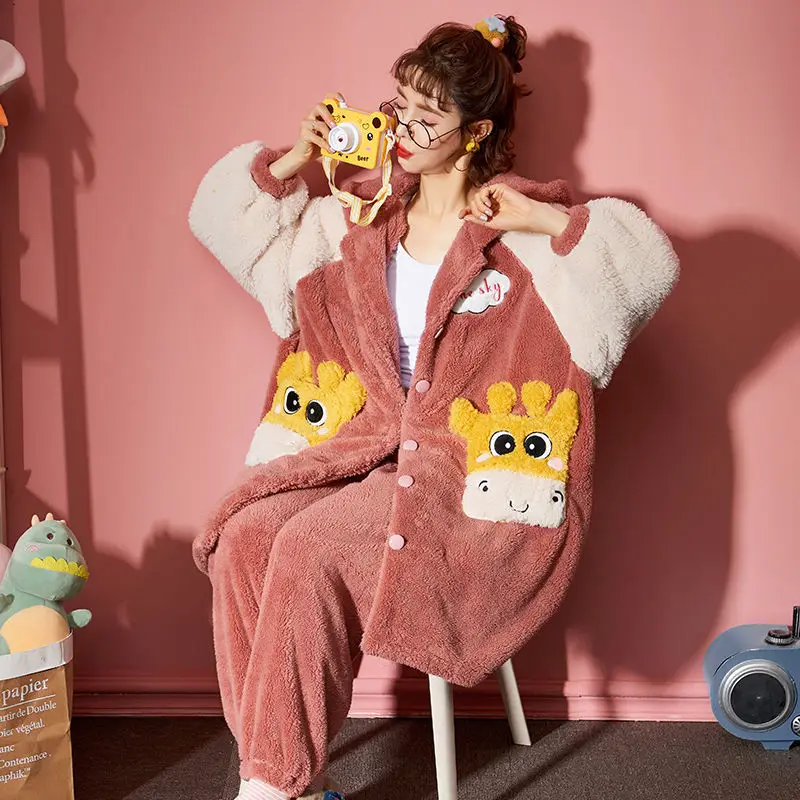Autumn and Winter Pajamas Women Thickened Plus Velvet Long Coral Velvet Pajamas Cartoon Plus Size Two-piece Flannel Home Service