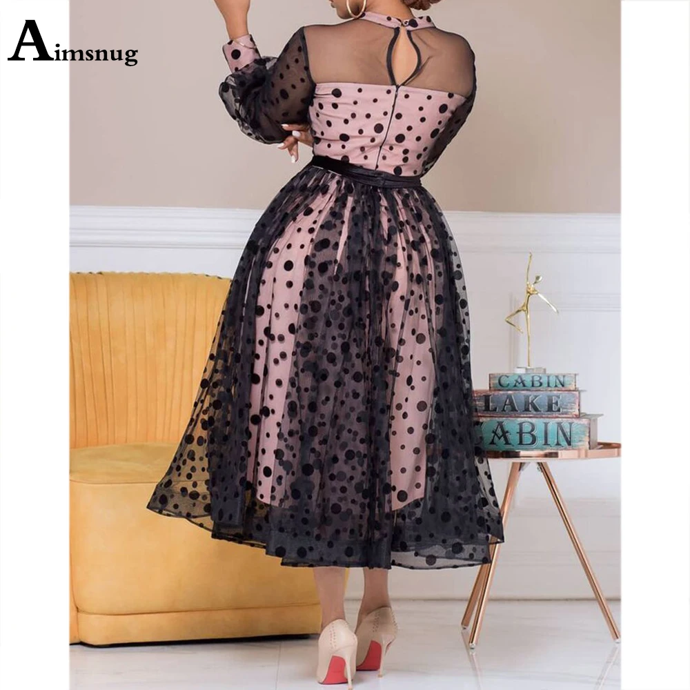 

Women Mid-Calf Dress 2021 African Style Party Dresses Long Sleeve Patchwork Guaze Dot Dress Sexy Femme Clothing Plus Size S-5XL;