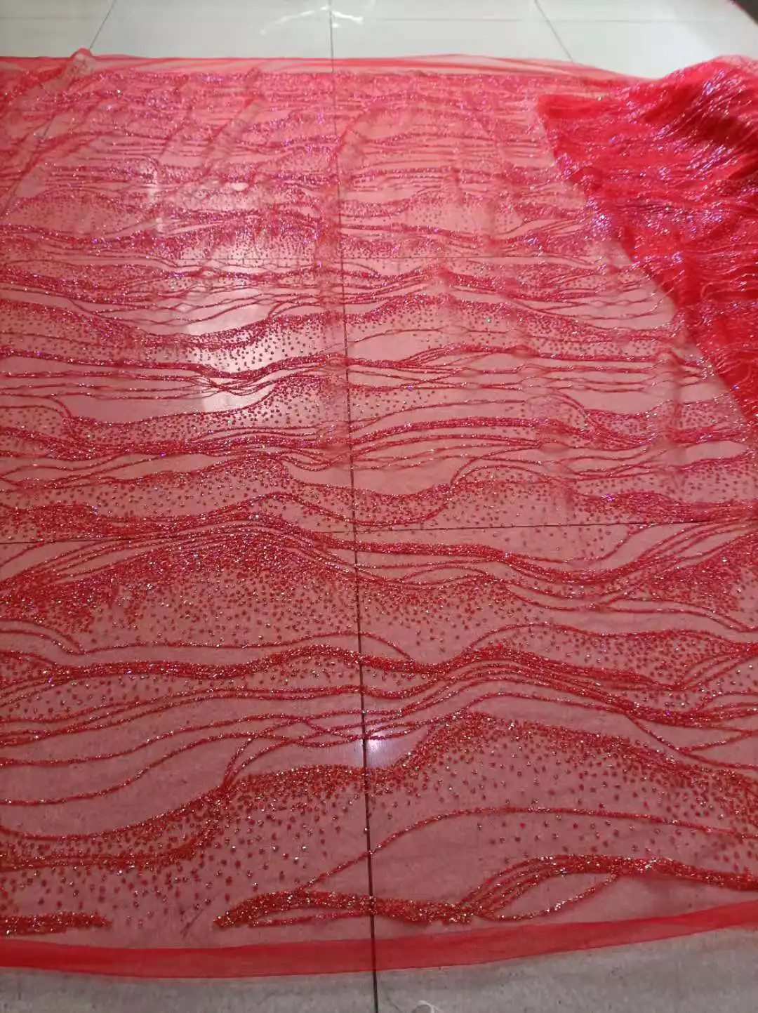Red Color Shinny Glued Glitter WAve Design Lace African Embroidery fabrics For Wedding or Evening Party Dress | Дом и сад
