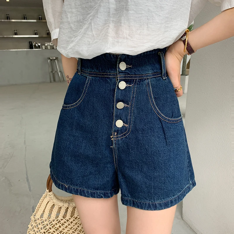 Женские джинсовые шорты на пуговицах винтажные темно-синие с высокой талией