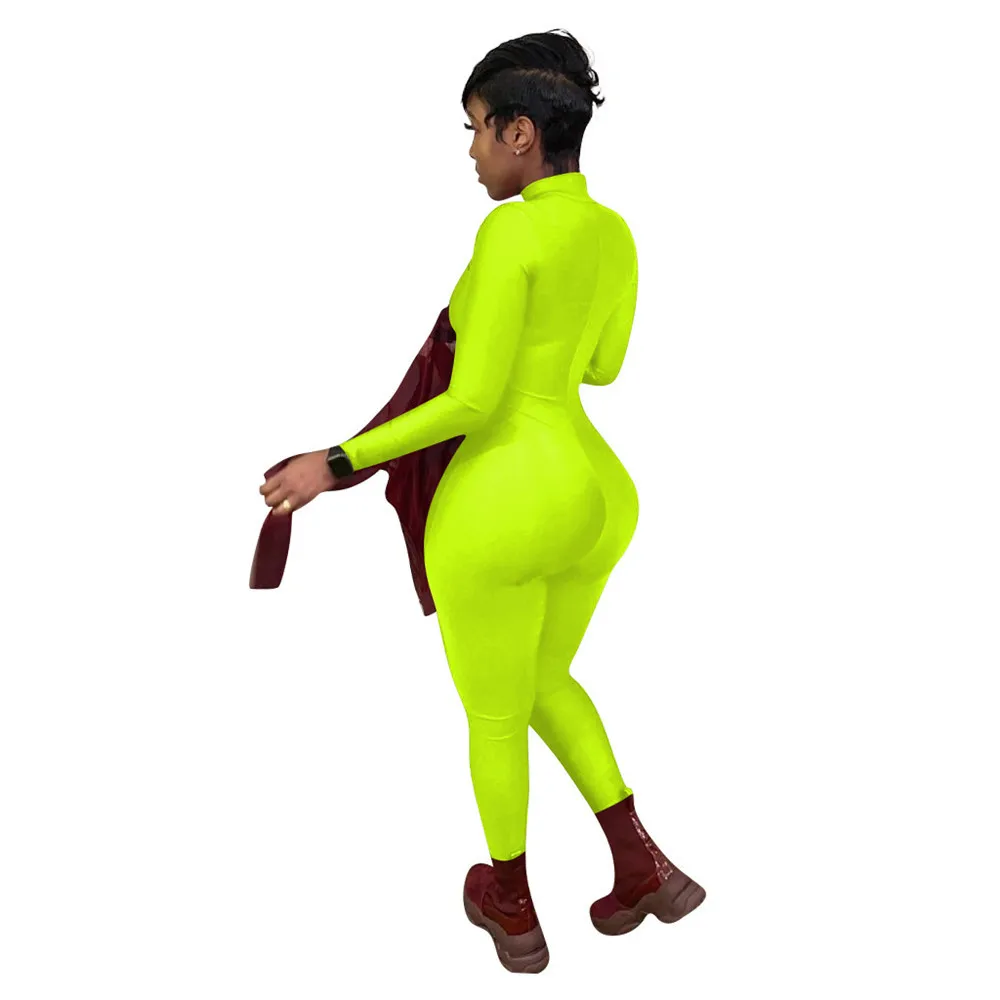 Неоновый Облегающий комбинезон на молнии спереди женские комбинезоны с длинным