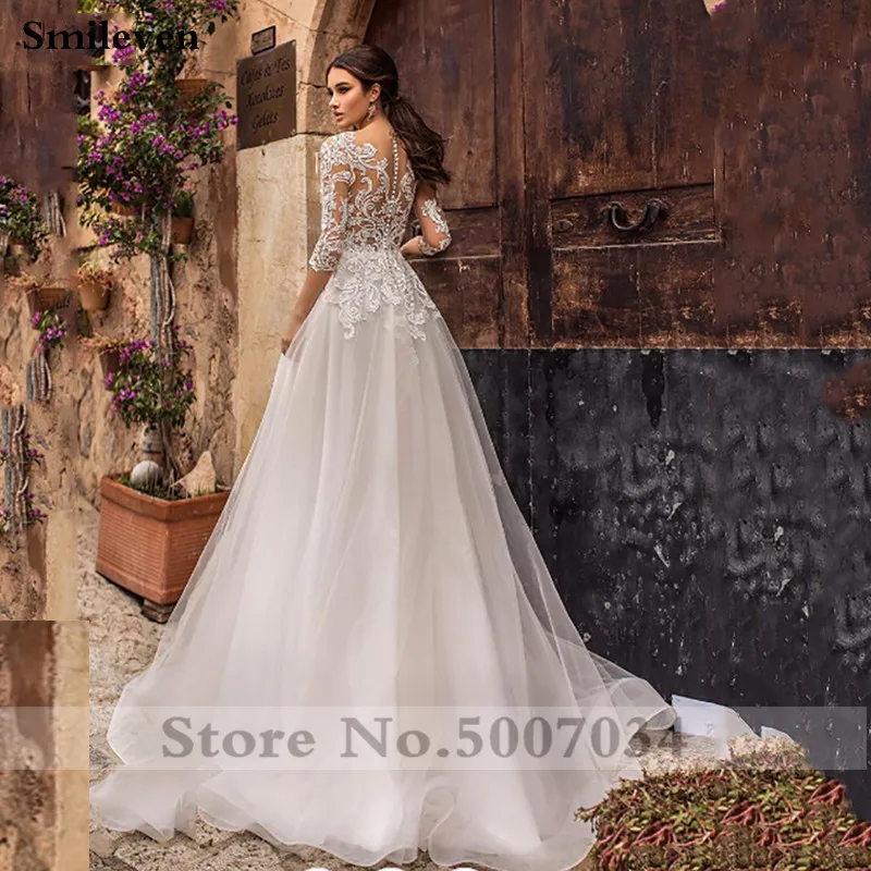 Smileven свадебное платье 3/4 с длинным рукавом Boho невесты платья для женщин линия белые кружева с аппликацией пышное свадебное платье из тюля