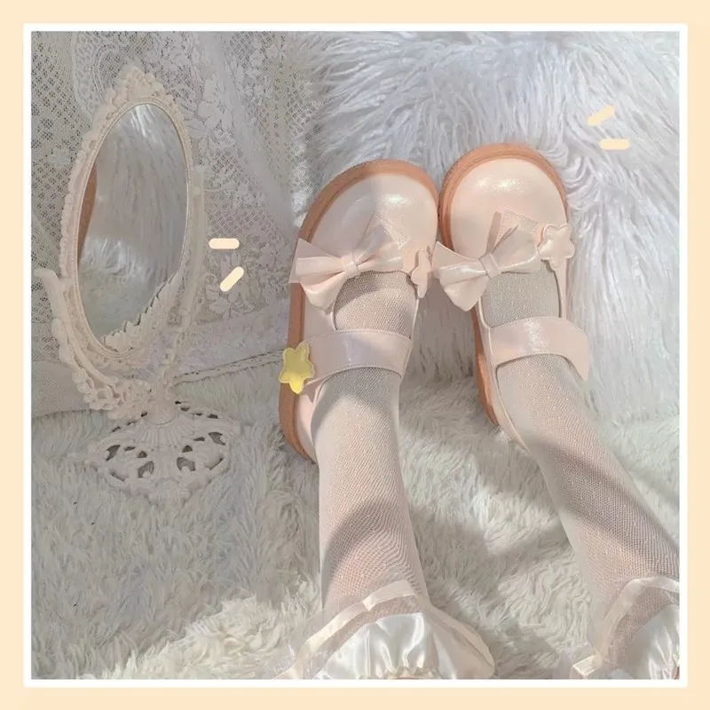 

Lolita shoes round head leather shoes cute star bowknot cosplay loli daily fairy fashion shoes student college style flat heel