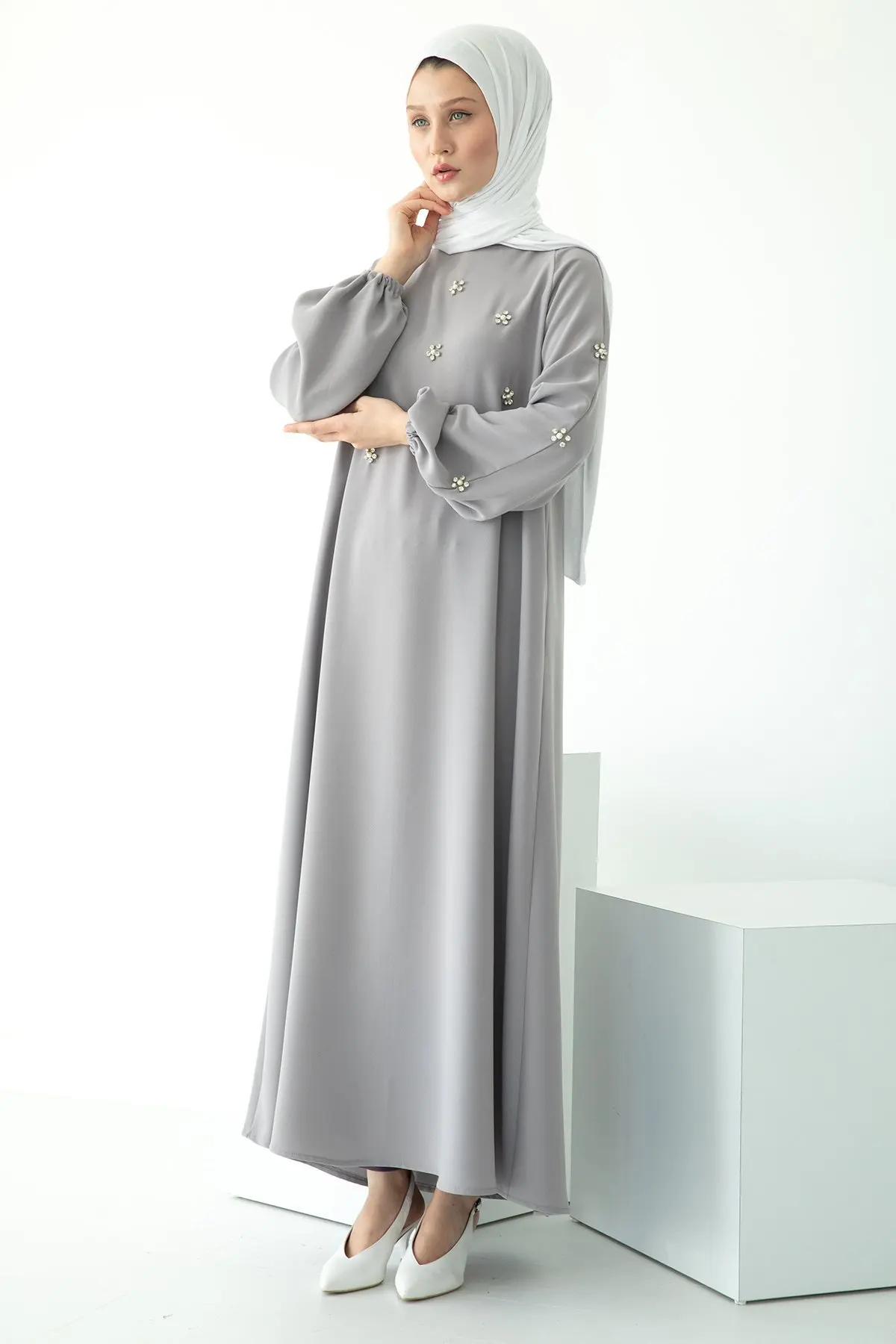 Solemn Abaya Long Dress Solid Color Hand Sewing Drill Raglan Sleeve Dress Middle East Ramadan Hui Dress Arab Women's Clothing