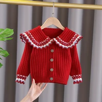 autumn winter girls knitting cardigans coat kids long sleeve peter pan collar warm sweater 3color 0 5y