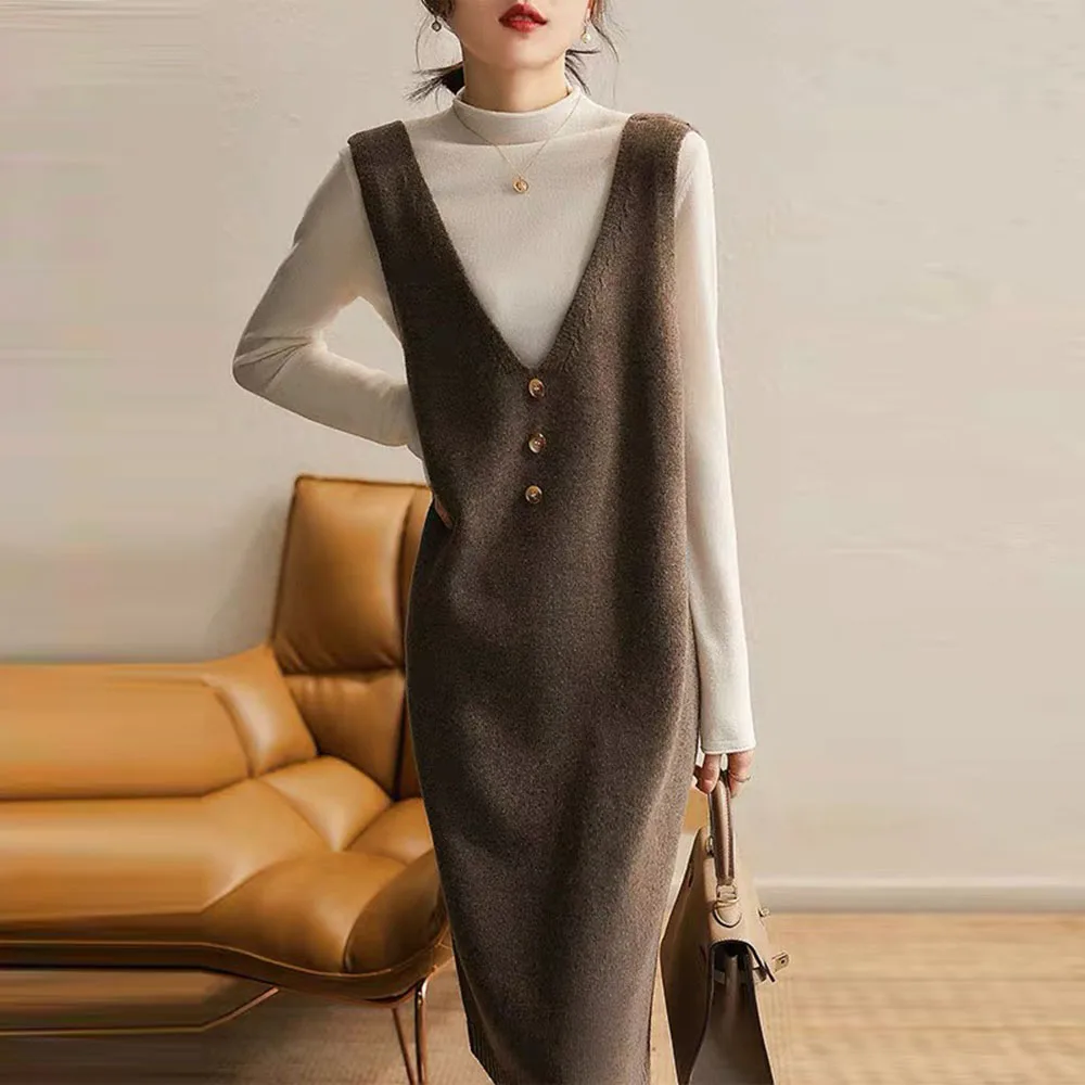 

Платье в стиле пэчворк, однотонный корейский стиль, комплект из двух предметов, новинка сезона осень-зима 2021, винтажная женская одежда, модн...