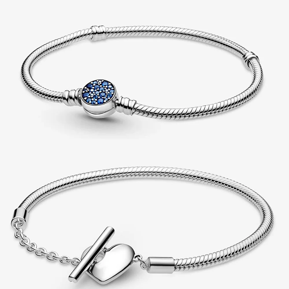 

2021 New 925 Sterling Silver Bracelet Heart T-Bar Snake Chain Sparkling Blue Disc Clasp Snake Chain Bracelet Women Jewelry