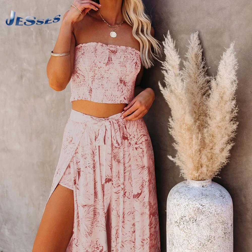 

Pleated Stretch Crop Top And Split Wide-leg Pant Beach Suit Printed Tube Tops Women High-waist Strappy Trousers Party Set Outfit
