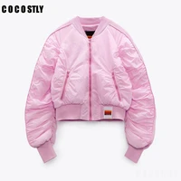 new 2021 autumn winter za jackets women pink cropped zipper pockets warm fashion parkas baseball jacket
