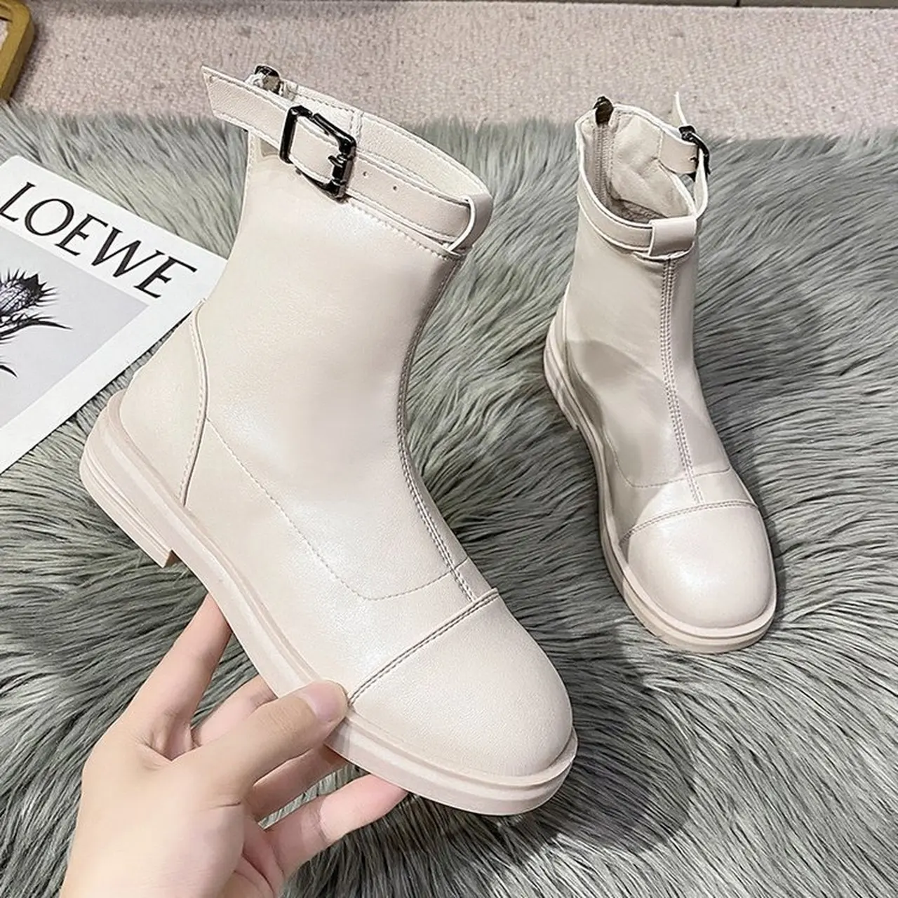 

2021 New autumn and winter new round toe buckle back zipper women's ankle boots casual low-heeled women's shoes Botas De Mujer