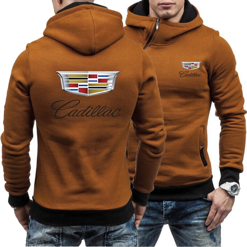 

Spring and autumn Cadillac car LOGO men's diagonal zipper fleece hooded sweater personality trend casual pullover men